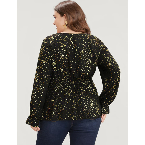 Bloomchic Black & Gold Star Lantern Sleeve Asymmetrical Ruffles Blouse 10 NWT - Picture 2 of 6